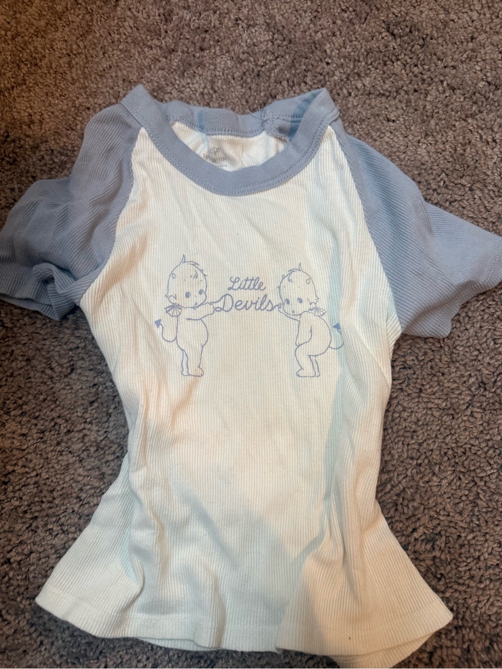 Brandy Melville Vintage Little Devils Baby Tee in Light Blue and White